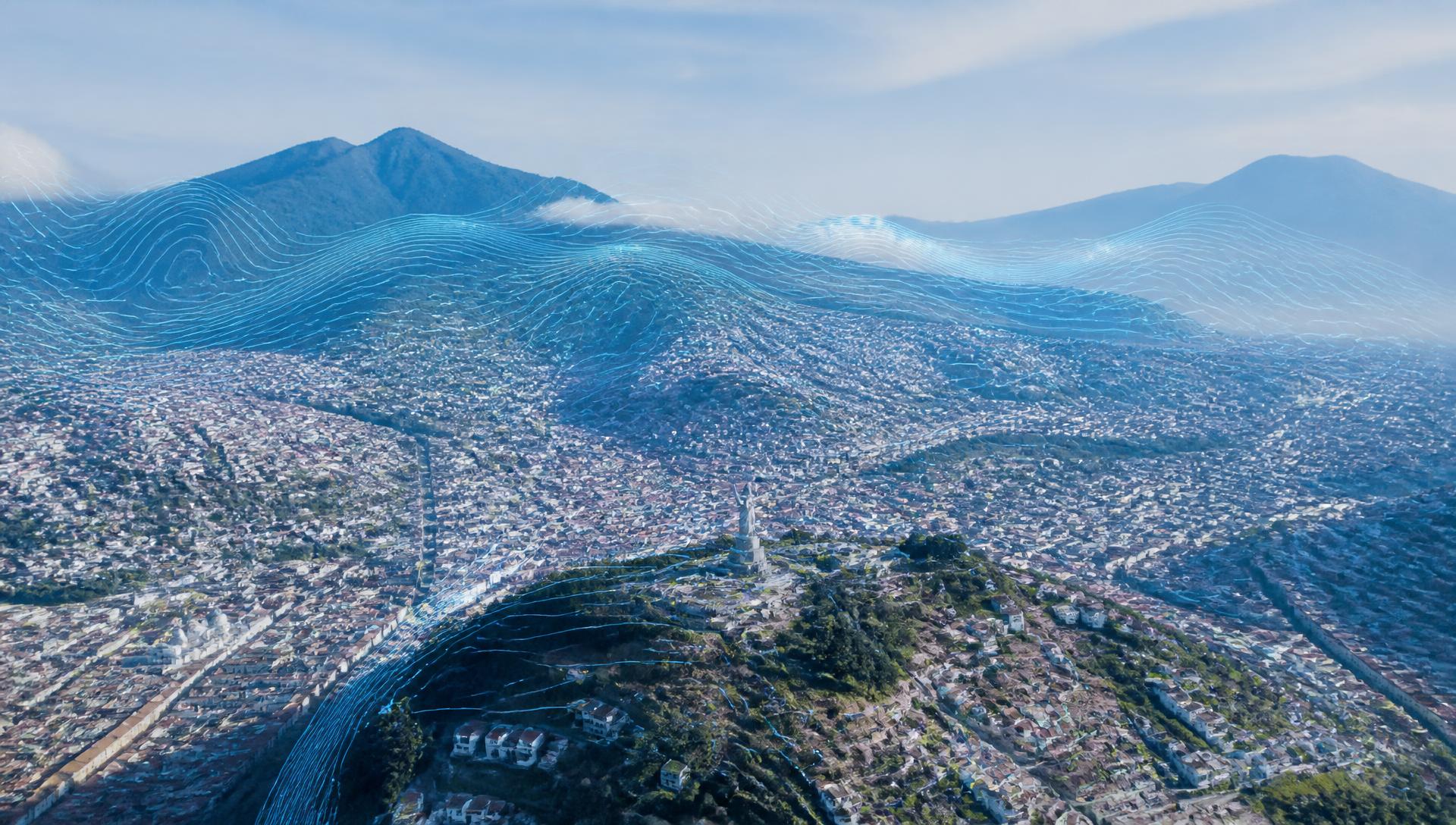 Vista aérea de Quito con capas cartográficas y curvas de nivel en tonos celestes